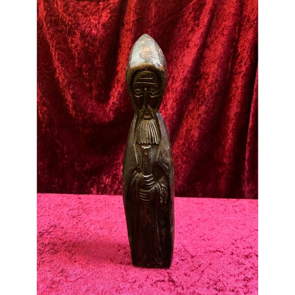Vintage Oddities - Antique Hand Carved Wood Statue - Cloaked Druid With Staff - Picture 1 of 9